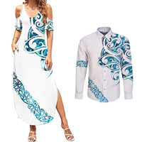 All White Maori Tribal Tattoo Personalised Couples Matching Summer Maxi Dress and Long Sleeve Button Shirt Polynesian Style