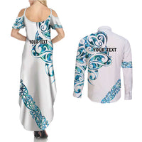 All White Maori Tribal Tattoo Personalised Couples Matching Summer Maxi Dress and Long Sleeve Button Shirt Polynesian Style