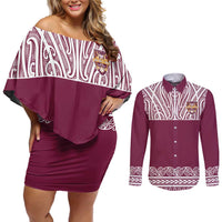 Queensland Maori Nga Hau E Wha Custom Couples Matching Off Shoulder Short Dress and Long Sleeve Button Shirt Polynesian Maori Tribal Pattern LT9 Maroon - Polynesian Pride