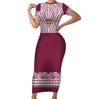 Queensland Maori Nga Hau E Wha Custom Family Matching Short Sleeve Bodycon Dress and Hawaiian Shirt Polynesian Maori Tribal Pattern LT9 Mom's Dress Maroon - Polynesian Pride