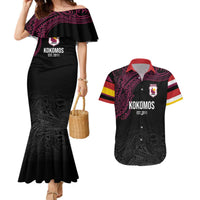 Queensland Papua New Guinea Custom Couples Matching Mermaid Dress and Hawaiian Shirt All Black Pacific PNG Tribal Style