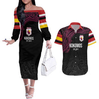 Queensland Papua New Guinea Custom Couples Matching Off The Shoulder Long Sleeve Dress and Hawaiian Shirt All Black Pacific PNG Tribal Style
