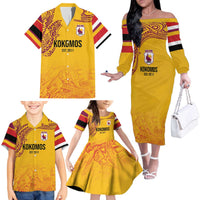 Queensland Papua New Guinea Custom Family Matching Off The Shoulder Long Sleeve Dress and Hawaiian Shirt All Gold Pacific PNG Tribal Style