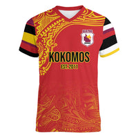 Queensland Papua New Guinea Custom Women V-Neck T-Shirt All Red Pacific PNG Tribal Style