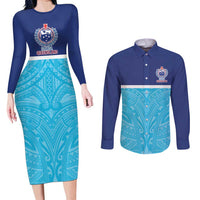 Queensland Samoa Custom Couples Matching Long Sleeve Bodycon Dress and Long Sleeve Button Shirt Blue Pacific Polynesian Tribal Pattern LT9 Blue - Polynesian Pride