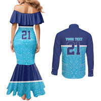 Queensland Samoa Custom Couples Matching Mermaid Dress and Long Sleeve Button Shirt Blue Pacific Polynesian Tribal Pattern LT9 - Polynesian Pride
