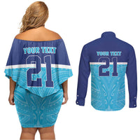 Queensland Samoa Custom Couples Matching Off Shoulder Short Dress and Long Sleeve Button Shirt Blue Pacific Polynesian Tribal Pattern LT9 - Polynesian Pride