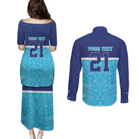 Queensland Samoa Custom Couples Matching Puletasi and Long Sleeve Button Shirt Blue Pacific Polynesian Tribal Pattern LT9 - Polynesian Pride
