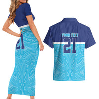 Queensland Samoa Custom Couples Matching Short Sleeve Bodycon Dress and Hawaiian Shirt Blue Pacific Polynesian Tribal Pattern LT9 - Polynesian Pride