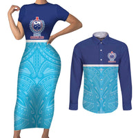 Queensland Samoa Custom Couples Matching Short Sleeve Bodycon Dress and Long Sleeve Button Shirt Blue Pacific Polynesian Tribal Pattern LT9 Blue - Polynesian Pride