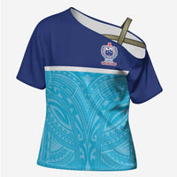 Queensland Samoa Custom Cross Shoulder Shirt Blue Pacific Polynesian Tribal Pattern LT9 Female Blue - Polynesian Pride