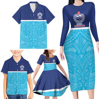 Queensland Samoa Custom Family Matching Long Sleeve Bodycon Dress and Hawaiian Shirt Blue Pacific Polynesian Tribal Pattern