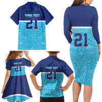 Queensland Samoa Custom Family Matching Long Sleeve Bodycon Dress and Hawaiian Shirt Blue Pacific Polynesian Tribal Pattern