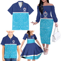 Queensland Samoa Custom Family Matching Off The Shoulder Long Sleeve Dress and Hawaiian Shirt Blue Pacific Polynesian Tribal Pattern