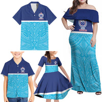 Queensland Samoa Custom Family Matching Off Shoulder Maxi Dress and Hawaiian Shirt Blue Pacific Polynesian Tribal Pattern