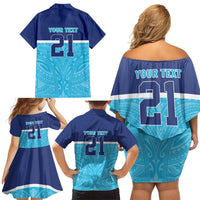 Queensland Samoa Custom Family Matching Off Shoulder Short Dress and Hawaiian Shirt Blue Pacific Polynesian Tribal Pattern
