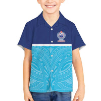 Queensland Samoa Custom Family Matching Off Shoulder Short Dress and Hawaiian Shirt Blue Pacific Polynesian Tribal Pattern