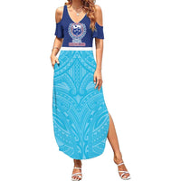 Queensland Samoa Custom Family Matching Summer Maxi Dress and Hawaiian Shirt Blue Pacific Polynesian Tribal Pattern
