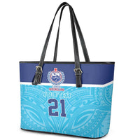 Queensland Samoa Custom Leather Tote Bag Blue Pacific Polynesian Tribal Pattern