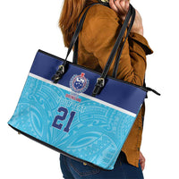 Queensland Samoa Custom Leather Tote Bag Blue Pacific Polynesian Tribal Pattern