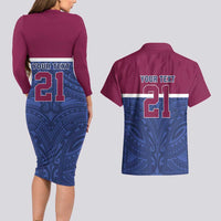 Queensland Samoa Custom Couples Matching Long Sleeve Bodycon Dress and Hawaiian Shirt Maroon-Blue Pacific Polynesian Tribal Pattern LT9 - Polynesian Pride