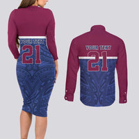 Queensland Samoa Custom Couples Matching Long Sleeve Bodycon Dress and Long Sleeve Button Shirt Maroon-Blue Pacific Polynesian Tribal Pattern LT9 - Polynesian Pride