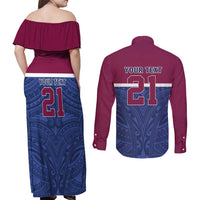 Queensland Samoa Custom Couples Matching Off Shoulder Maxi Dress and Long Sleeve Button Shirt Maroon-Blue Pacific Polynesian Tribal Pattern LT9 - Polynesian Pride
