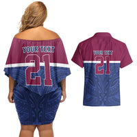 Queensland Samoa Custom Couples Matching Off Shoulder Short Dress and Hawaiian Shirt Maroon-Blue Pacific Polynesian Tribal Pattern LT9 - Polynesian Pride