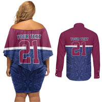 Queensland Samoa Custom Couples Matching Off Shoulder Short Dress and Long Sleeve Button Shirt Maroon-Blue Pacific Polynesian Tribal Pattern LT9 - Polynesian Pride