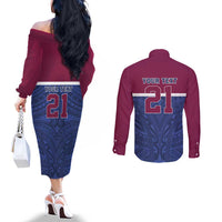 Queensland Samoa Custom Couples Matching Off The Shoulder Long Sleeve Dress and Long Sleeve Button Shirt Maroon-Blue Pacific Polynesian Tribal Pattern LT9 - Polynesian Pride