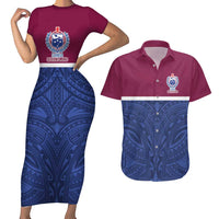 Queensland Samoa Custom Couples Matching Short Sleeve Bodycon Dress and Hawaiian Shirt Maroon-Blue Pacific Polynesian Tribal Pattern LT9 Dark Blue - Polynesian Pride
