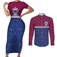 Queensland Samoa Custom Couples Matching Short Sleeve Bodycon Dress and Long Sleeve Button Shirt Maroon-Blue Pacific Polynesian Tribal Pattern LT9 Dark Blue - Polynesian Pride