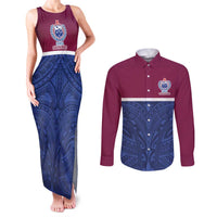 Queensland Samoa Custom Couples Matching Tank Maxi Dress and Long Sleeve Button Shirt Maroon-Blue Pacific Polynesian Tribal Pattern LT9 Dark Blue - Polynesian Pride