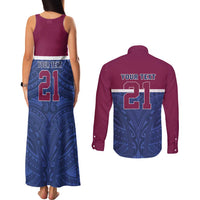 Queensland Samoa Custom Couples Matching Tank Maxi Dress and Long Sleeve Button Shirt Maroon-Blue Pacific Polynesian Tribal Pattern LT9 - Polynesian Pride