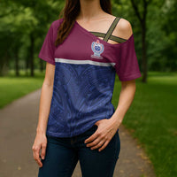 Queensland Samoa Custom Cross Shoulder Shirt Maroon-Blue Pacific Polynesian Tribal Pattern LT9 - Polynesian Pride