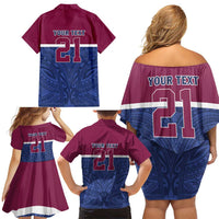 Queensland Samoa Custom Family Matching Off Shoulder Short Dress and Hawaiian Shirt Maroon-Blue Pacific Polynesian Tribal Pattern