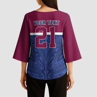Queensland Samoa Custom Kimono Sleeve Blouse Maroon-Blue Pacific Polynesian Tribal Pattern LT9 - Polynesian Pride