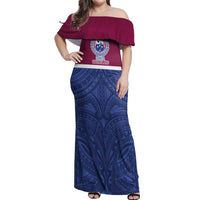 Queensland Samoa Custom Off Shoulder Maxi Dress Maroon-Blue Pacific Polynesian Tribal Pattern