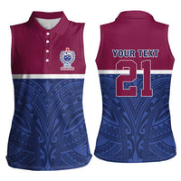 Queensland Samoa Custom Women Sleeveless Polo Shirt Maroon-Blue Pacific Polynesian Tribal Pattern