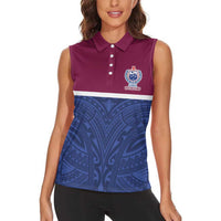 Queensland Samoa Custom Women Sleeveless Polo Shirt Maroon-Blue Pacific Polynesian Tribal Pattern
