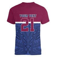 Queensland Samoa Custom Women V-Neck T-Shirt Maroon-Blue Pacific Polynesian Tribal Pattern