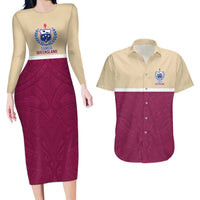 Queensland Samoa Custom Couples Matching Long Sleeve Bodycon Dress and Hawaiian Shirt Maroon Pacific Polynesian Tribal Pattern LT9 Maroon - Polynesian Pride