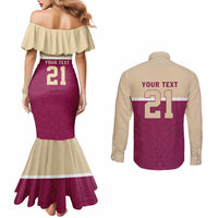 Queensland Samoa Custom Couples Matching Mermaid Dress and Long Sleeve Button Shirt Maroon Pacific Polynesian Tribal Pattern LT9 - Polynesian Pride