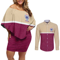 Queensland Samoa Custom Couples Matching Off Shoulder Short Dress and Long Sleeve Button Shirt Maroon Pacific Polynesian Tribal Pattern LT9 Maroon - Polynesian Pride