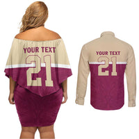 Queensland Samoa Custom Couples Matching Off Shoulder Short Dress and Long Sleeve Button Shirt Maroon Pacific Polynesian Tribal Pattern LT9 - Polynesian Pride