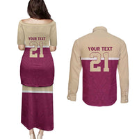 Queensland Samoa Custom Couples Matching Puletasi and Long Sleeve Button Shirt Maroon Pacific Polynesian Tribal Pattern LT9 - Polynesian Pride