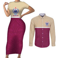Queensland Samoa Custom Couples Matching Short Sleeve Bodycon Dress and Long Sleeve Button Shirt Maroon Pacific Polynesian Tribal Pattern LT9 Maroon - Polynesian Pride