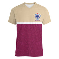Queensland Samoa Custom Women V-Neck T-Shirt Maroon Pacific Polynesian Tribal Pattern