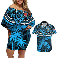 Fiji Rugby Couples Matching Off Shoulder Short Dress and Hawaiian Shirt Go Fijian Tapa Arty with World Cup Vibe LT9 Blue - Polynesian Pride