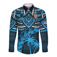 Fiji Rugby Long Sleeve Button Shirt Go Fijian Tapa Arty with World Cup Vibe LT9 Unisex Blue - Polynesian Pride